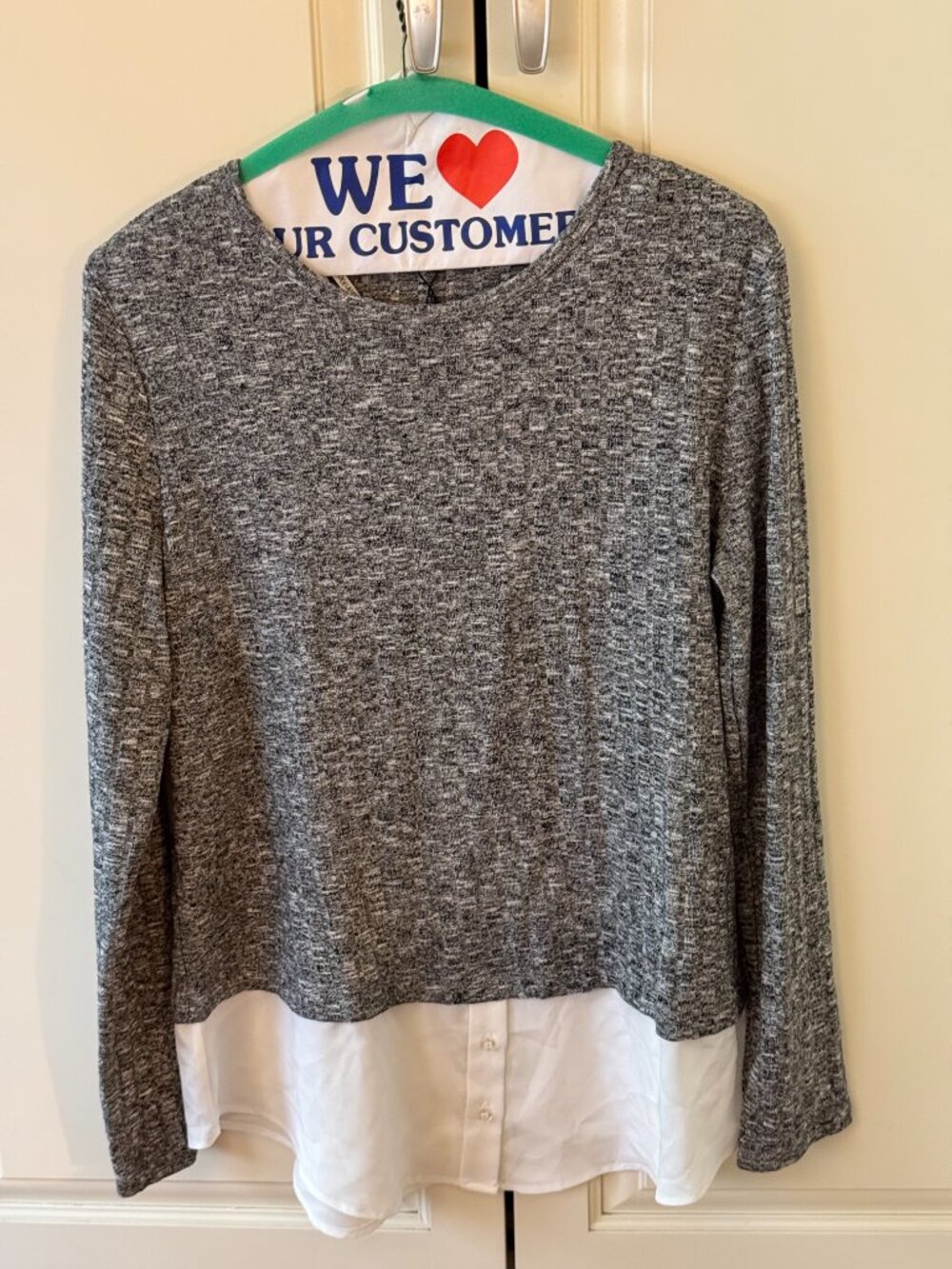 Calvin Klein rayon/poly long-sleeved sweater with faux shirt bottom, NWT, Size M